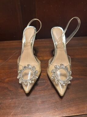 Crystal-Accent Clear Slingback Heels in Silver